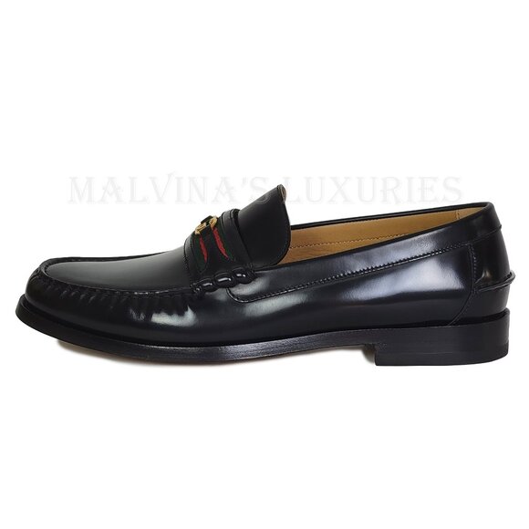 GUCCI SHOES MENS LOAFERS WEB BIT-STRAP G LOGO BLACK LEATHER sz 12.5 US 13 - Picture 7 of 15